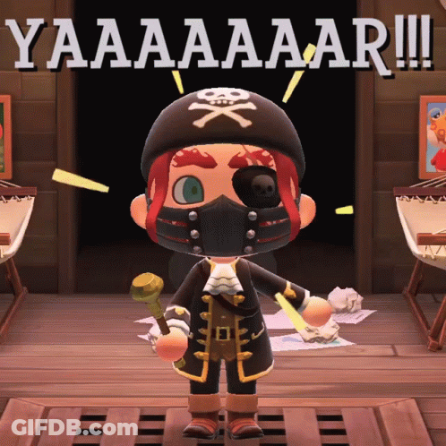 Cartoon Pirate Mask Standing In Front Of Yaaaaaaaar Sign GIF