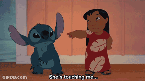 Cartoon Pointing At Stitch Saying Touching Me GIF
