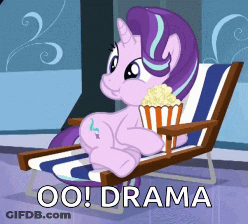 Cartoon Pony Sitting In Chair With Popcorn Saying Oo! Drama GIF