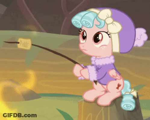 Cartoon Pony Sitting On Tree Stump Holding Stick GIF