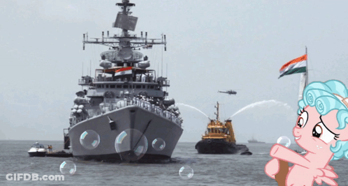 Cartoon Pony Standing In Front Of Ship In Ocean GIF