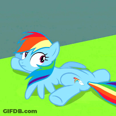 Cartoon Pony With Rainbow Tail Laying Down GIF