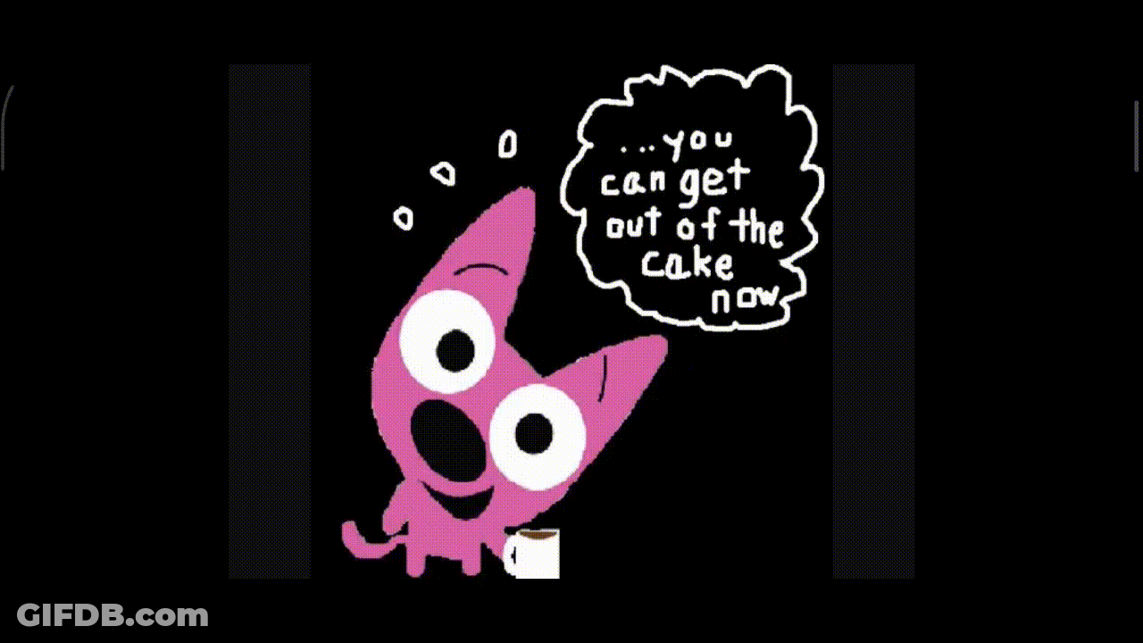 Cartoon Poops Character With Coffee Saying You Can Get Out Of The Cake Now GIF