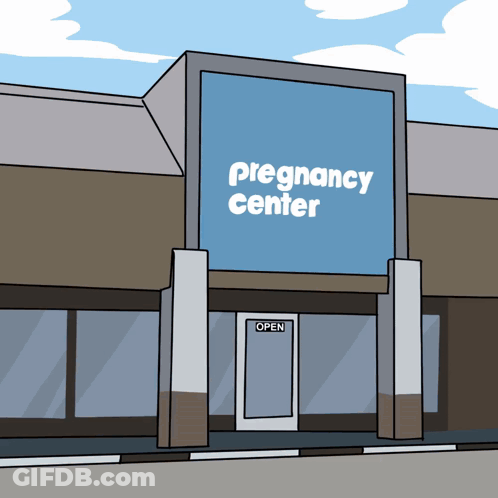 Cartoon Pregnancy Center With Open Sign GIF