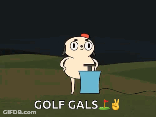 Cartoon Pumping Golf Ball With Golf Gals Above GIF