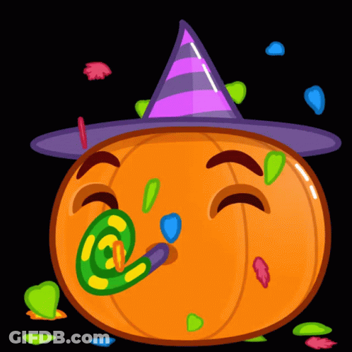 Cartoon Pumpkin In Witch Hat Holding Party Horn GIF