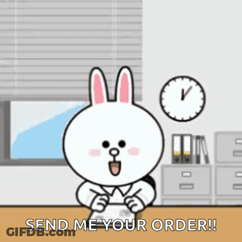 Cartoon Rabbit At Desk Saying Send Me Your Order GIF