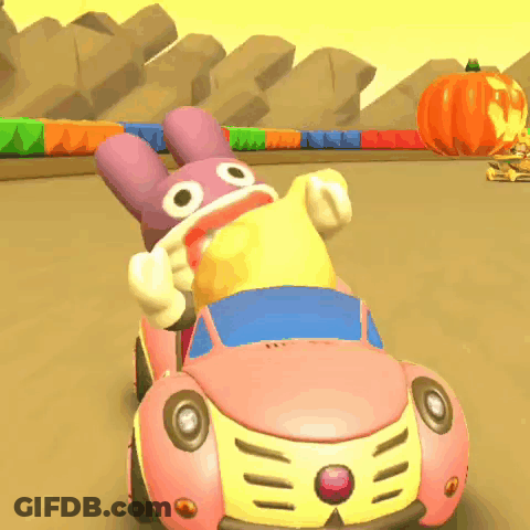 Cartoon Rabbit Driving Pink Car On Track GIF
