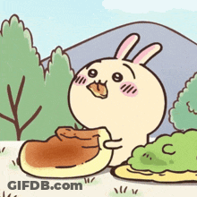 Cartoon Rabbit Eating Pancake In Field GIF