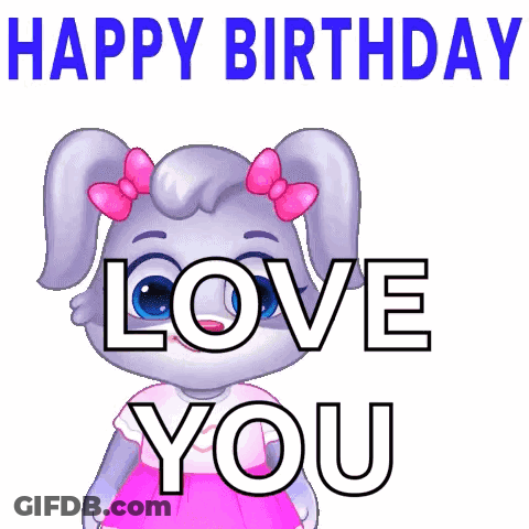 Cartoon Rabbit Holding Bouquet Saying Happy Birthday GIF