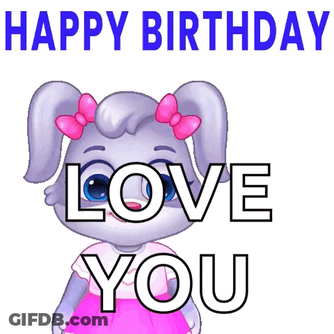 Cartoon Rabbit Holding Bouquet Saying Happy Birthday GIF