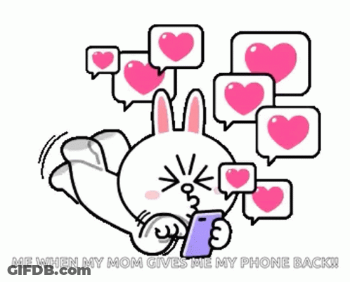 Cartoon Rabbit Holding Cell Phone With Pink Hearts GIF