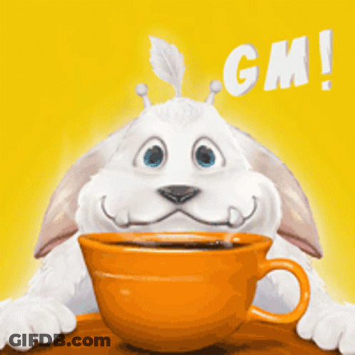 Cartoon Rabbit Holding Coffee With GM GIF