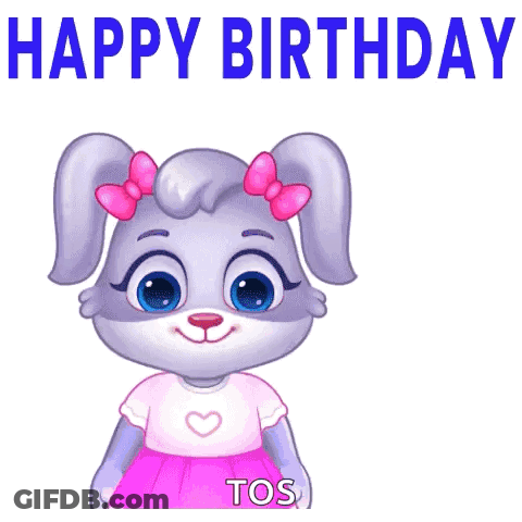 Cartoon Rabbit Holding Flowers Saying Happy Birthday GIF