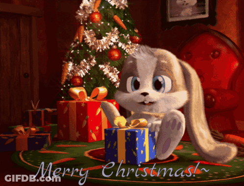 Cartoon Rabbit Holding Gift In Front Of Christmas Tree GIF
