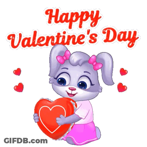 Cartoon Rabbit Holding Red Heart Saying Happy Valentine's Day GIF