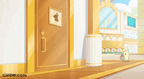 Cartoon Rabbit In Front Of Building With Rabbit Sign GIF