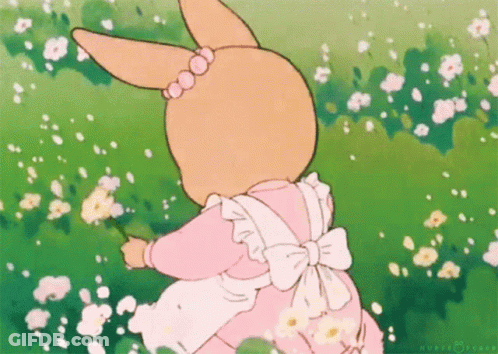 Cartoon Rabbit In Pink Dress Apron Walking Flowers GIF