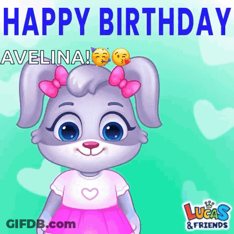 Cartoon Rabbit In Pink Skirt Says Happy Birthday Avelina GIF