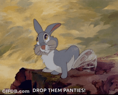 Cartoon Rabbit Standing On Log Saying Drop Them Panties GIF
