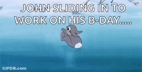 Cartoon Rabbit Swimming John Sliding In To Work On His B-Day GIF
