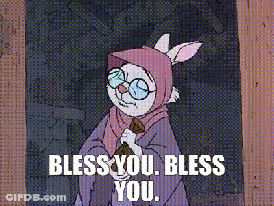 Cartoon Rabbit With Glasses And Pink Hood Says Bless You GIF
