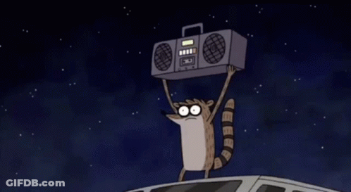 Cartoon Raccoon Holding Boombox Over Head GIF