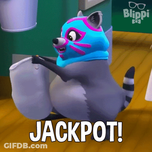 Cartoon Raccoon Wearing Mask Holding Jackpot Bag GIF