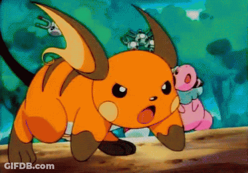 Cartoon Raichu Standing On Rock With Mouth Open GIF