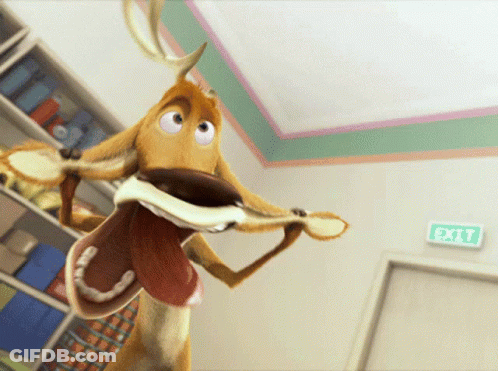 Cartoon Reindeer Holding Something In Mouth Before Exit Sign GIF
