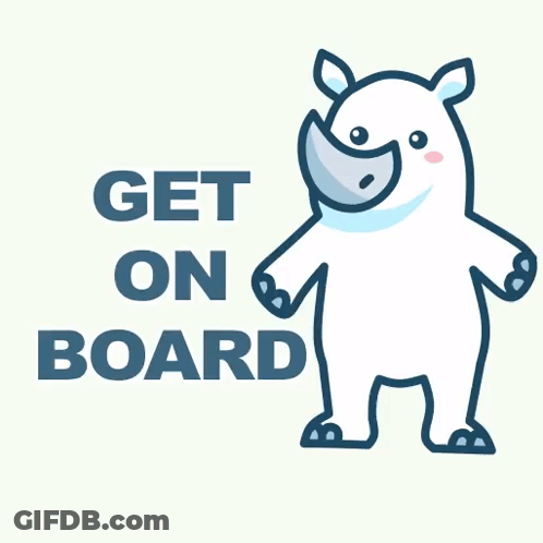 Cartoon Rhino Saying Get On Board GIF