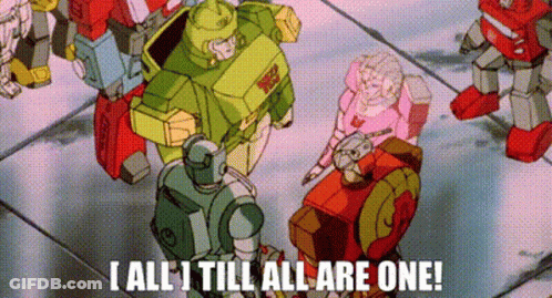Cartoon Robot Calling All Autobots Holding Crane In Front Of City GIF