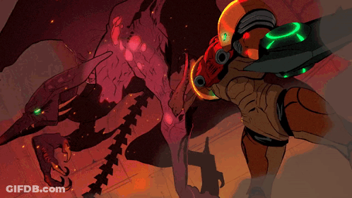 Cartoon Robot Fighting Monster With Samus Helmet GIF