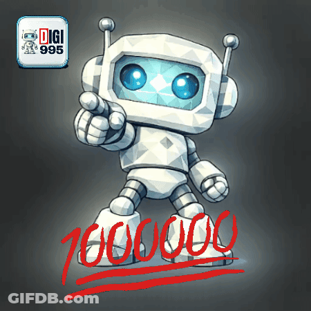 Cartoon Robot Pointing At Viewer, Digi 995 Logo GIF