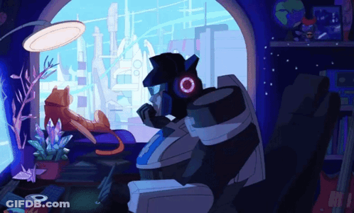 Cartoon Robot Sitting In Front Of Window With Cat GIF