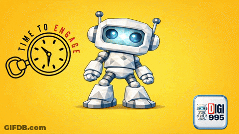 Cartoon Robot Standing In Front Of Clock Saying Time To Engage GIF