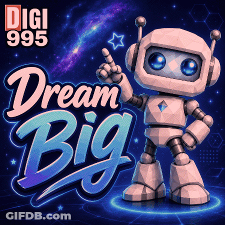 Cartoon Robot Standing In Front Of Digi 995 Dream Big Sign GIF
