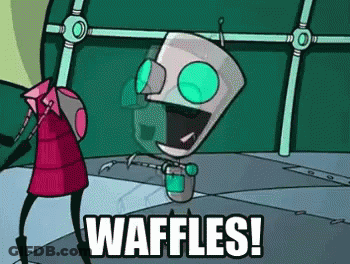 Cartoon Robot Standing Next To Woman Saying Waffles GIF