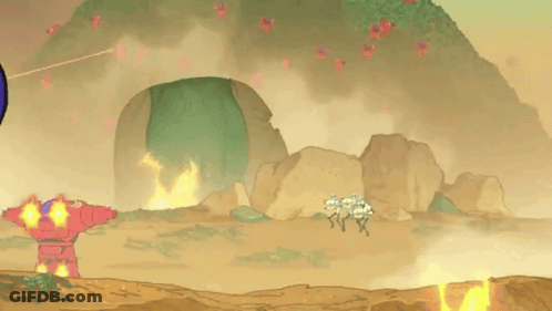 Cartoon Robot With Blue Helmet Standing In Front Of Mountain GIF