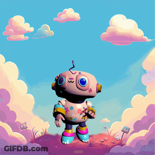 Cartoon Robot With Flowers On Chest GIF