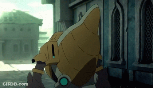 Cartoon Robot With Green Eye In Front Of Building With Arched Windows GIF