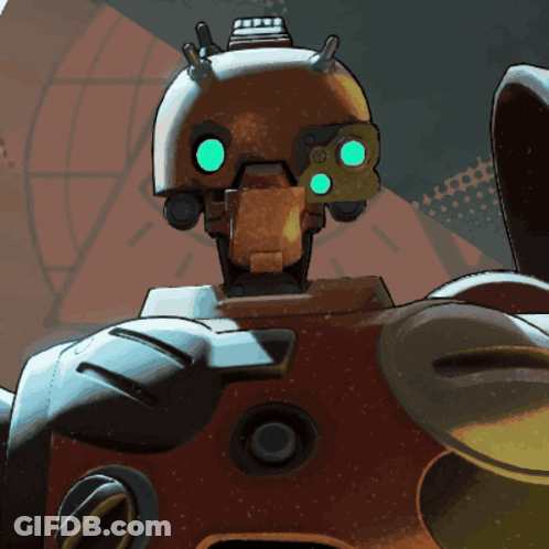 Cartoon Robot With Helmet And Green Eyes GIF