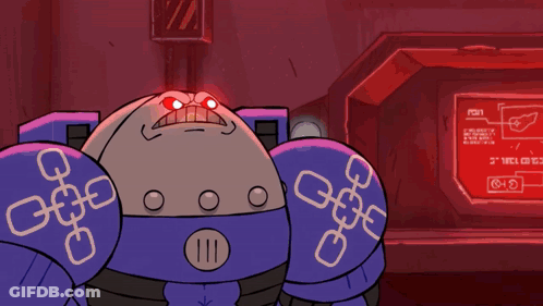 Cartoon Robot With Red Eyes And Green Device In Mouth GIF