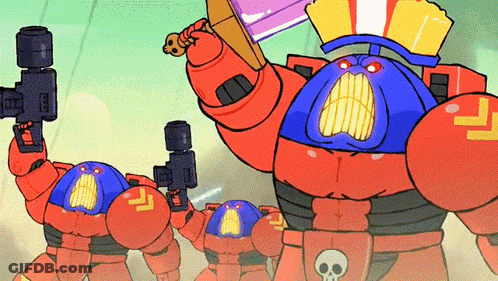 Cartoon Robot With Skull Holding Sword GIF