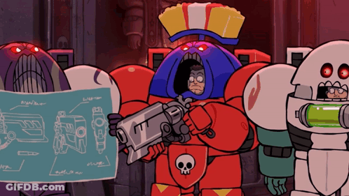 Cartoon Robot With Skull On Chest Holding Gun GIF