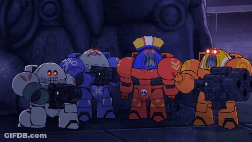 Cartoon Robots Group With One Holding Gun GIF