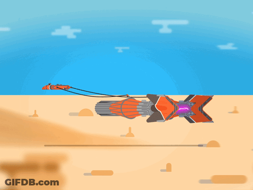 Cartoon Rocket Flying Over Desert GIF