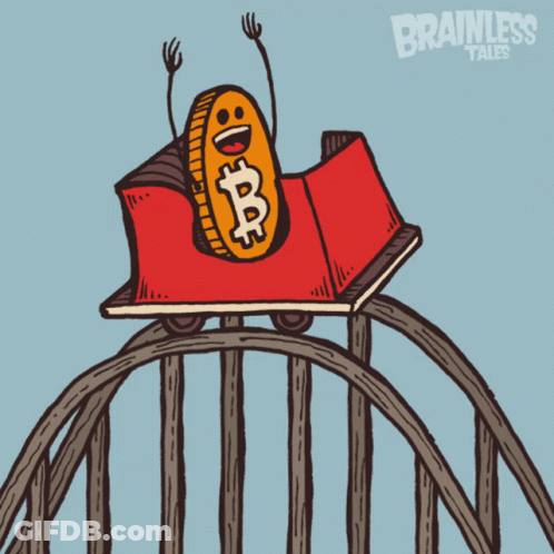 Cartoon Roller Coaster With Coin Saying Brainless Tales GIF