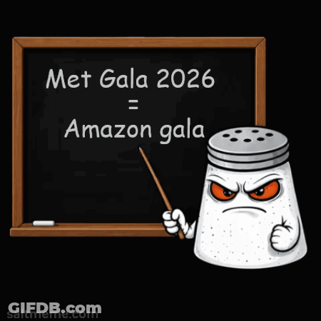 Cartoon Salt Shaker Pointing At Blackboard Saying Met Gala 2026 = Amazon Gala GIF