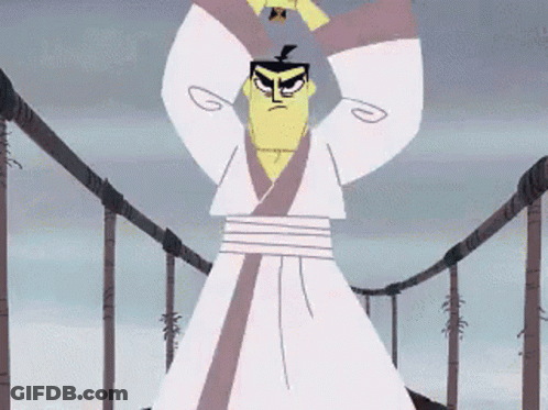 Cartoon Samurai Standing On Bridge With Hands Up GIF